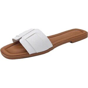 Womens White Faux Leather Open toe Breathable lightweight Flat Slide Sandals